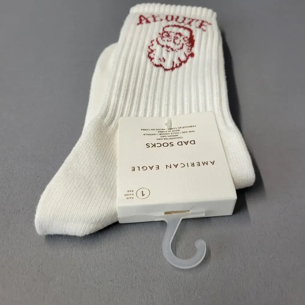 American Eagle Socks Mens One Size White Dad Santa‎ Graphic Crew Ribbed Holiday